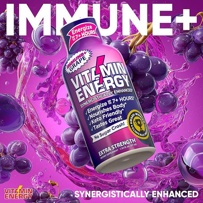Vitamin Energy Immune+ Extra Strength Daily Energy Shot – Grape – 260mg Natural Caffeine, B-Vitamins, Green Tea, Citicoline – Immune & Focus Support – Zero Sugar, Vegan – 1.93 fl oz, 48-Pack