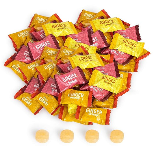 Ginger Hard Candy, Assorted Fruit Flavors 11 oz bag, Individually Wrapped Healthy Candy, The Sweet and Spicy Natural Remedy for Anti-Nausea and Digestion, Made with Real Ginger Extract