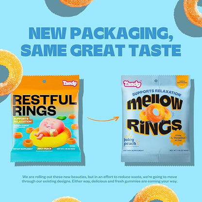 Tandy Mellow Rings L-Theanine Gummies I Relaxation Gummies with Juicy Peach Flavor I Calming Gummies for Adults I Gluten-Free Fast-Acting Dietary Supplement Gummy I 6-Pack
