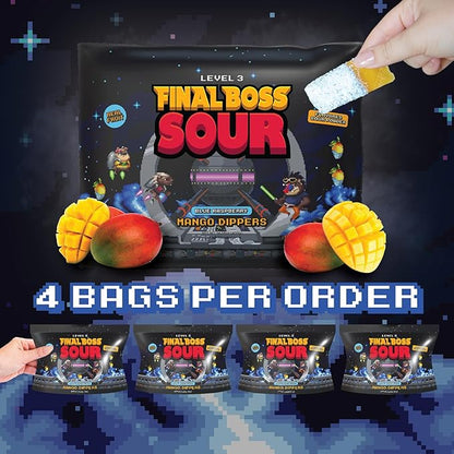 Final Boss Sour Candy, Fun Dip, Extreme Super Sour Blue Raspberry Powder with Real Candy-Tasting Dried Mangoes, (3.5 Ounces Bags, Pack of 4 Bags) - Vintage Old School 80s and 90s Party Candy
