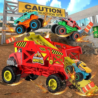4-in-1 Mounster Truck Transport Carrier Playset, Red Mover Rhino Toy Cars Hauler Set for Children, Including 3 Diecast Monster Trucks, Ideal Gift for Kids 3+