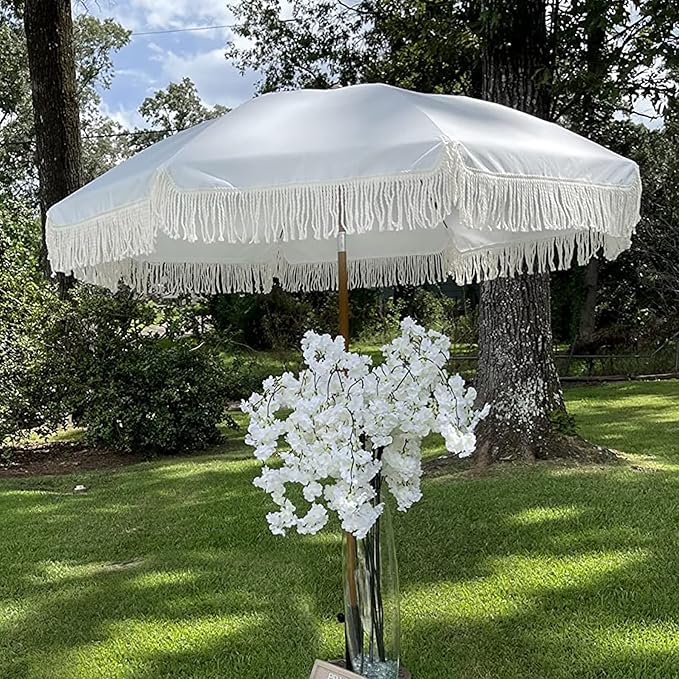 AMMSUN 7ft Patio Umbrella with Fringe Outdoor Tassel Umbrella UPF50+ Premium Steel Pole and Ribs Push Button Tilt, White Cream