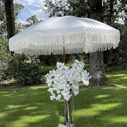 AMMSUN 7ft Patio Umbrella with Fringe Outdoor Tassel Umbrella UPF50+ Premium Steel Pole and Ribs Push Button Tilt, White Cream