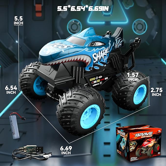 BEZGAR Monster Truck Toys - Remote Control Monster Truck with Light & Music, Dinosaur Toys for Kids, 1:20 Scale RC Truck with 360° Spins and Drifting, Remote Control Car for Boys Blue