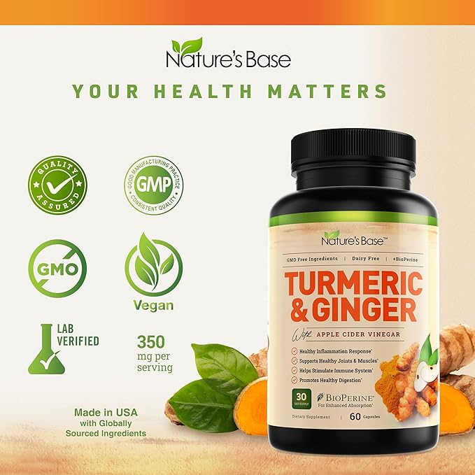 Nature's Base Turmeric Curcumin Supplement - with Ginger, Apple Cider Vinegar, & BioPerine Black Pepper Extract - 95% Curcuminoids - 60 Capsules