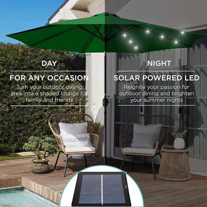 Best Choice Products 10ft Solar Polyester LED Lighted Patio Umbrella w/Tilt Adjustment and UV-Resistant Fabric - Green
