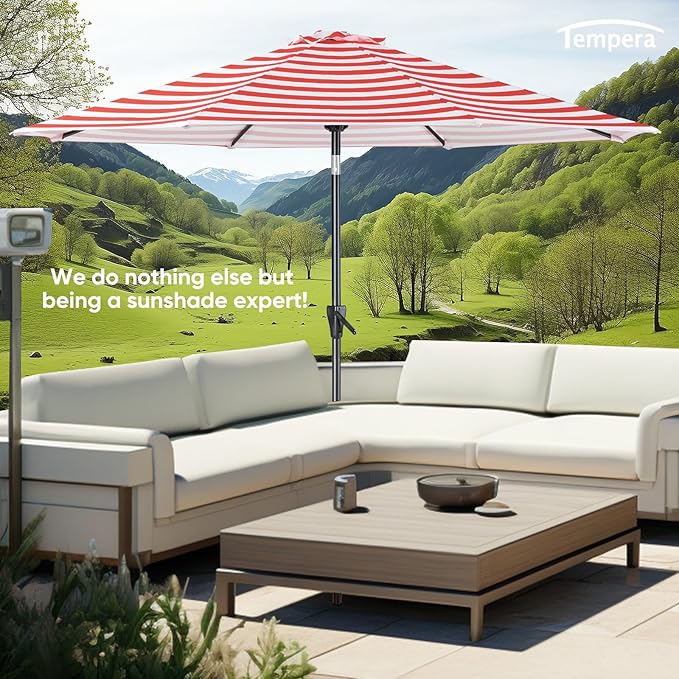 Tempera Patio Market Outdoor Table Umbrella with Push Button Tilt and Crank,Large Sun Umbrella with Sturdy Pole&Fade resistant canopy,Easy to set