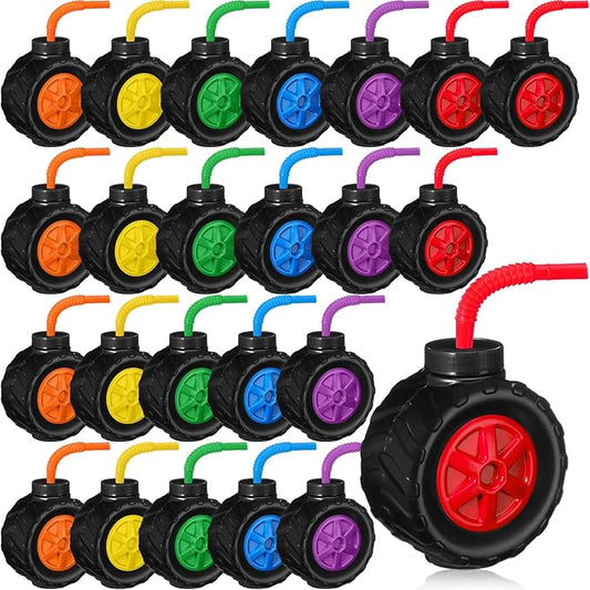Mifoci 24 Pack Monster Truck Cups Set 17 oz Truck Tire Plastic Cup with Straw for Kids Construction Birthday Party Supplies Decoration
