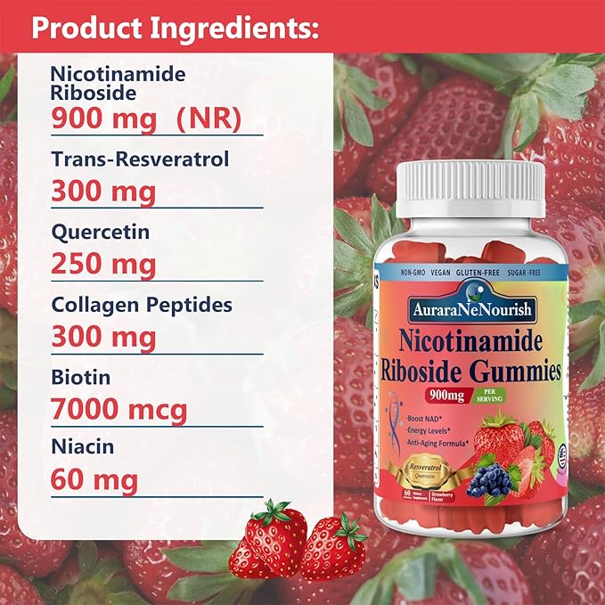 NAD Supplement Gummies Sugar-Free, NAD Nicotinamide Riboside Resveratrol 900mg w. Quercetin, Collagen Biotin & Vitamin, High Potency NAD Resveratrol Supplements for Anti Aging, Energy, Focus
