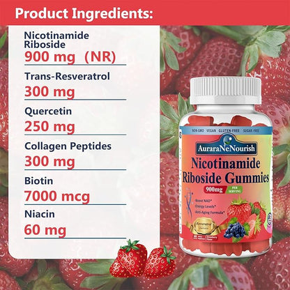 NAD Supplement Gummies Sugar-Free, NAD Nicotinamide Riboside Resveratrol 900mg w. Quercetin, Collagen Biotin & Vitamin, High Potency NAD Resveratrol Supplements for Anti Aging, Energy, Focus