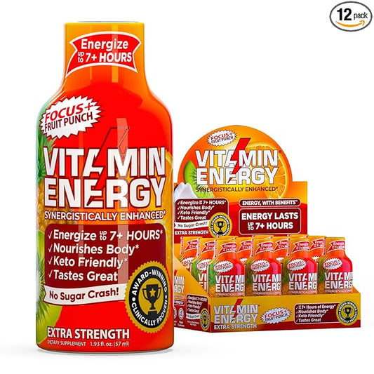 Vitamin Energy Focus+ Extra Strength Daily Energy Shot – Fruit Punch – 260mg Natural Caffeine, 100% DV B-Vitamins – Focus & Productivity Support – Zero Sugar, Vegan, Kosher – 1.93 fl oz, 12-Pack