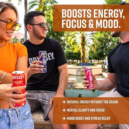 Odyssey Elixir Cognition + Sustainable Energy - Lion's Mane, Cordyceps, L Theanine, Ginseng & 85mg Green Tea Caffeine - 0 Added Sugar - No Jitters or Crash - Orange - 12 Fl oz, 12 Pack