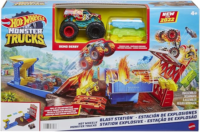 Hot Wheels Monster Trucks Blast Station Playset with 1:64 Scale Demo Derby Toy Truck & 3 Crushable Cars