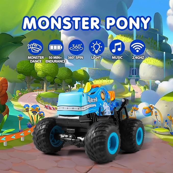 DYODYORC Remote Control Car, 2.4Ghz All Terrain Pony Monster Truck Toys, RC Truck with Music, 3 Lighting Effects, 360 Stunt Capable, All Included Ready to Run, Toy Gifts for Boys and Girls (Blue)