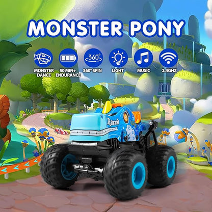 DYODYORC Remote Control Car, 2.4Ghz All Terrain Pony Monster Truck Toys, RC Truck with Music, 3 Lighting Effects, 360 Stunt Capable, All Included Ready to Run, Toy Gifts for Boys and Girls (Blue)