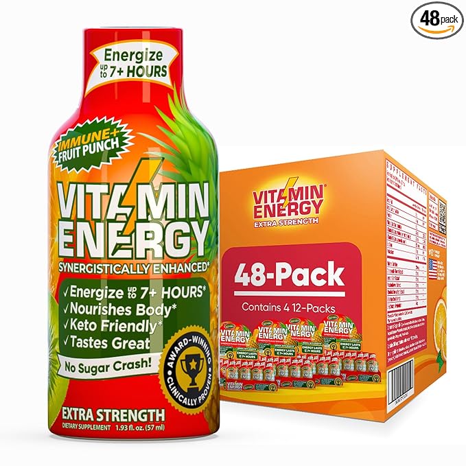 Vitamin Energy Immune+ Extra Strength Daily Energy Shot – Fruit Punch – 260mg Natural Caffeine, B-Vitamins, Green Tea, Citicoline – Immune & Focus Support – Zero Sugar, Vegan – 1.93 fl oz, 48-Pack