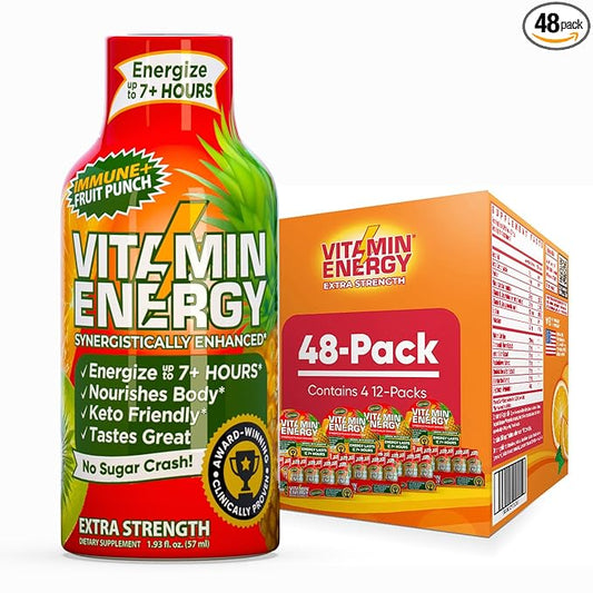 Vitamin Energy Immune+ Extra Strength Daily Energy Shot – Fruit Punch – 260mg Natural Caffeine, B-Vitamins, Green Tea, Citicoline – Immune & Focus Support – Zero Sugar, Vegan – 1.93 fl oz, 48-Pack