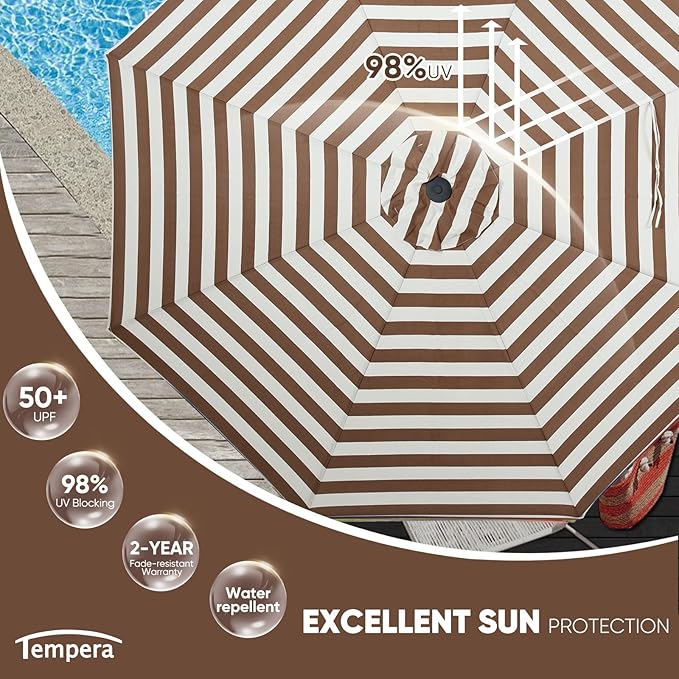 Tempera Patio Market Outdoor Table Umbrella with Push Button Tilt and Crank,Large Sun Umbrella with Sturdy Pole&Fade resistant canopy,Easy to set
