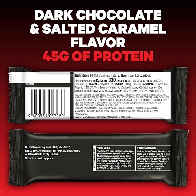 MUSASHI High Protein Bar, 45g Protein, <1g Total Sugars, Dark Chocolate & Salted Caramel, Post Workout and Protein Snack On The Go, 12 Pack of 3.2oz (90g) Bars