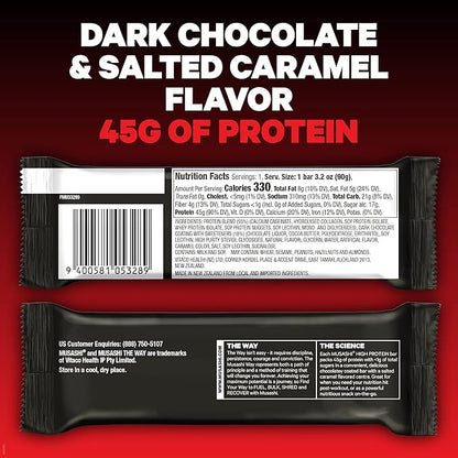 MUSASHI High Protein Bar, 45g Protein, <1g Total Sugars, Dark Chocolate & Salted Caramel, Post Workout and Protein Snack On The Go, 12 Pack of 3.2oz (90g) Bars