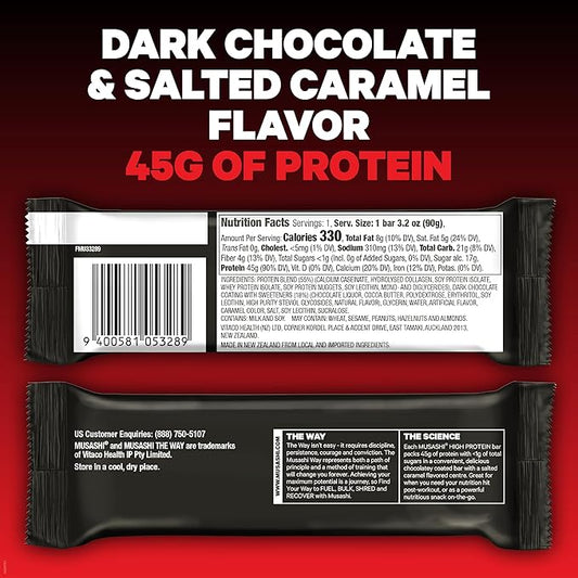 MUSASHI High Protein Bar, 45g Protein, <1g Total Sugars, Dark Chocolate & Salted Caramel, Post Workout and Protein Snack On The Go, 12 Pack of 3.2oz (90g) Bars