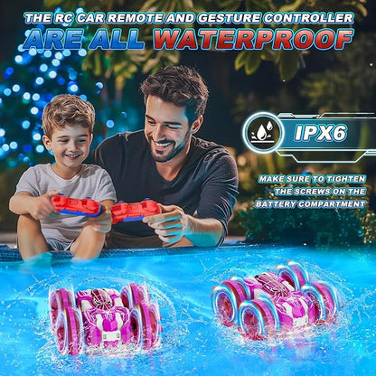 Waterproof Remote Control Car，4WD Amphibious 2.4 GHz RC Car Remote Control Boat，360°Rotation RC Stunt with LED Lights，Boys Girls Gifts All Terrain Water Beach Pool Toy Pink