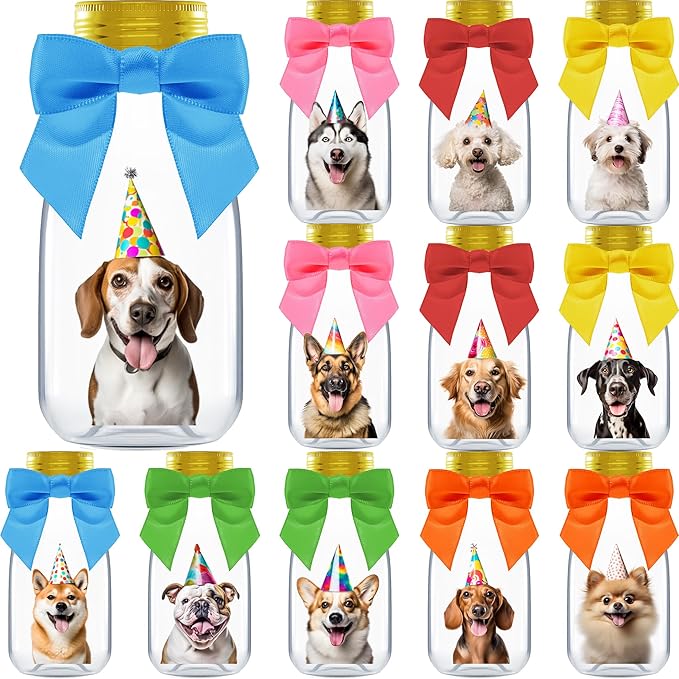 Small 12 Pack Dog Party Favors - DIY Candy Jars with Ribbons and Stickers - Puppy Pawty Decoration Bottles for Birthday, School Classroom - Paw Pup Treat Table Centerpiece for Kids and Adults