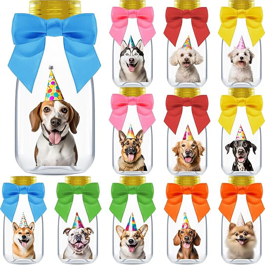 Small 12 Pack Dog Party Favors - DIY Candy Jars with Ribbons and Stickers - Puppy Pawty Decoration Bottles for Birthday, School Classroom - Paw Pup Treat Table Centerpiece for Kids and Adults