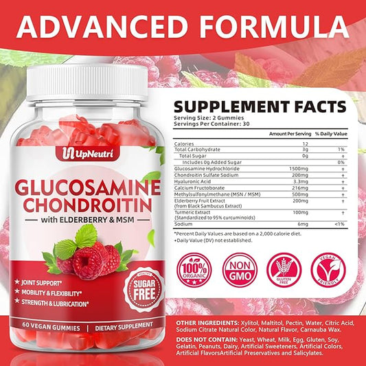 Sugar Free Glucosamine Chondroitin Gummies, Extra Strength 1500mg Glucosamine with Chondroitin MSM & Raspberry & Turmeric, Joint Support Supplement for Men & Women Joint Health