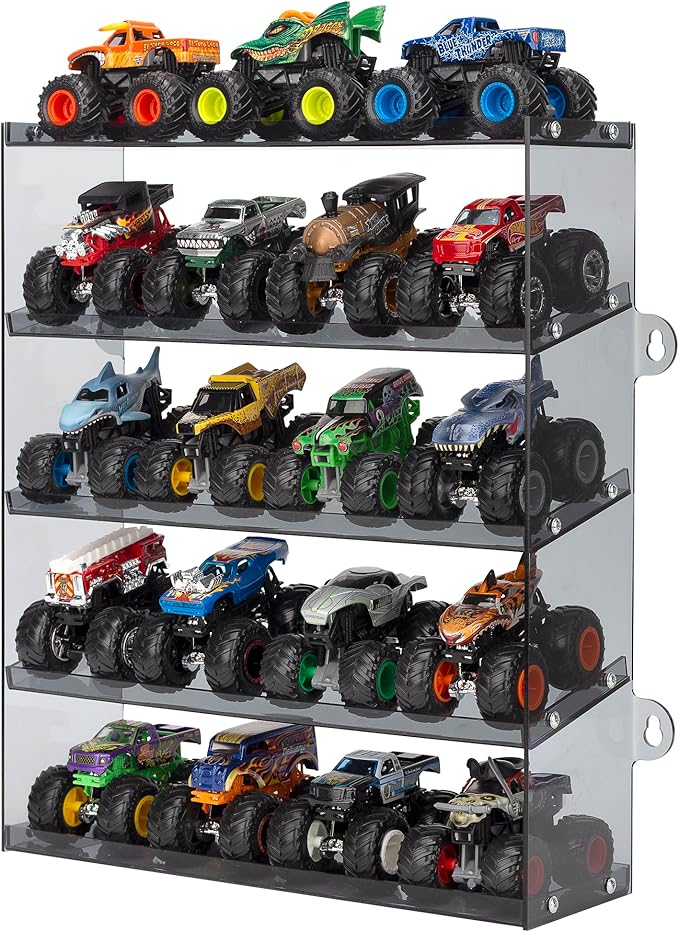 Assembly Monster Trucks Display Case Holding for 20 Monster Trucks Acrylic Storage Case 5 Tiers Monster Trucks Organizer with Tilted Design, Display Case for Toy Trucks (Gray)
