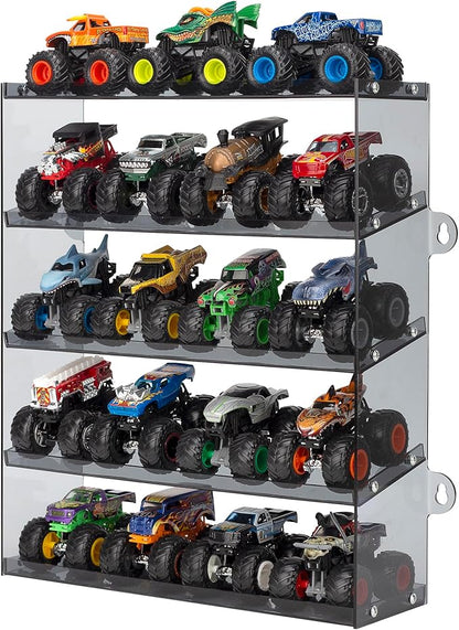 Assembly Monster Trucks Display Case Holding for 20 Monster Trucks Acrylic Storage Case 5 Tiers Monster Trucks Organizer with Tilted Design, Display Case for Toy Trucks (Gray)