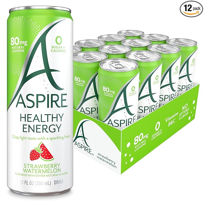 Aspire Strawberry Watermelon Healthy Energy Drinks 12 Pack - Zero Sugar, Low Caffeine, Keto Friendly -Sparkling Natural Beverages for a Refreshing Boost
