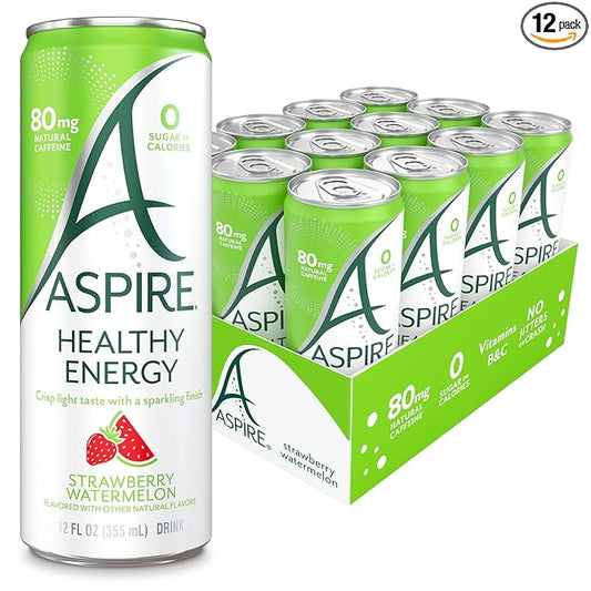 Aspire Strawberry Watermelon Healthy Energy Drinks 12 Pack - Zero Sugar, Low Caffeine, Keto Friendly -Sparkling Natural Beverages for a Refreshing Boost