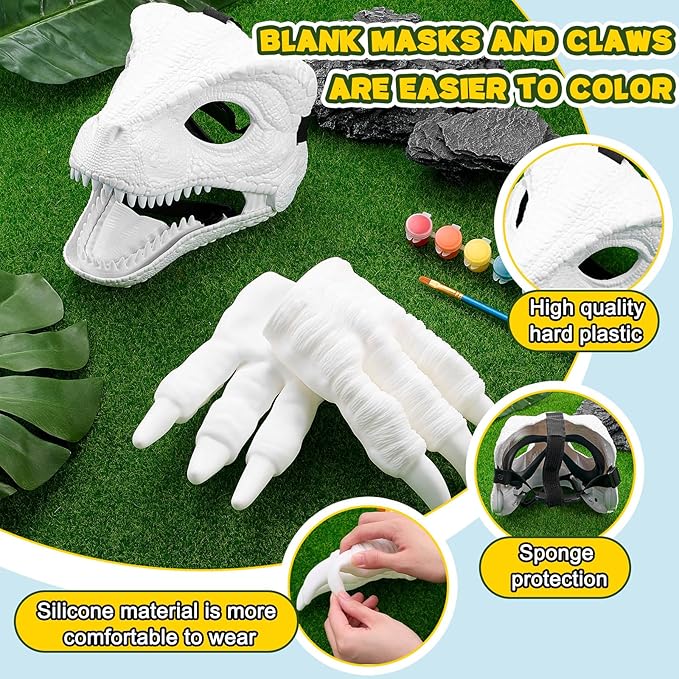 1 Set Hard Plastic Dinosaur Mask with Claws Paints Blank DIY Dino Mask Dinosaur Gifts Furry Therian Dino Costume Party Supplies