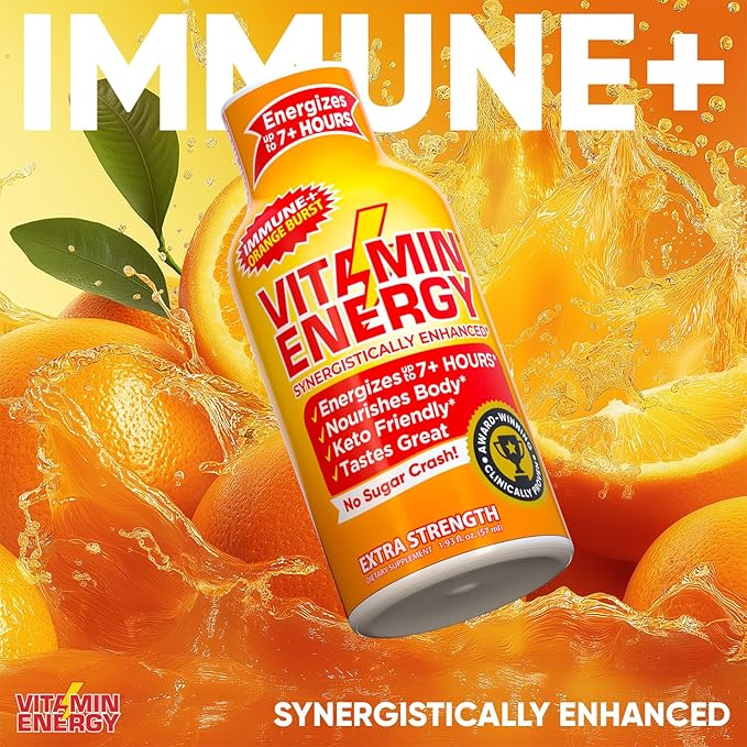 Vitamin Energy Immune+ Extra Strength Daily Energy Shot – Orange Burst – 260mg Natural Caffeine, B-Vitamins, Green Tea, Citicoline – Immune & Focus Support – Zero Sugar, Vegan – 1.93 fl oz, 12-Pack