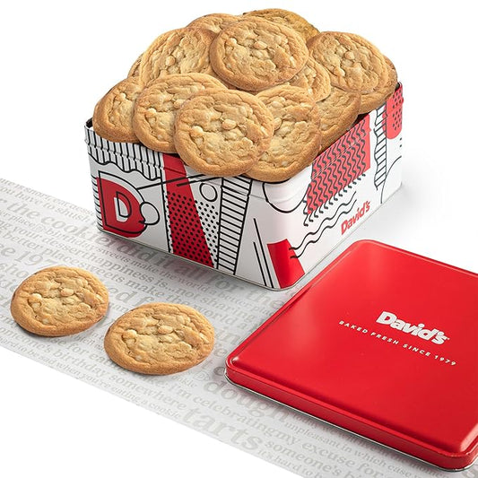 David’s Cookies Fresh Baked Macadamia Nut Cookies Gift Basket – 2lbs Soft & Chewy White Chocolate Macadamia Cookies – Gourmet Bakery Dessert Gift Tin for Birthday, Holiday, Thank You & Corporate Gifts