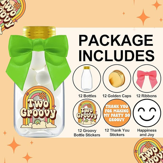 Small 12 Pack Two Groovy Party Favors - DIY Candy Jars with Ribbons and Stickers - Funky Party Decoration Bottles for 2nd Birthday Bash for Baby Boy or Girl - Retro Hippie Table Centerpieces