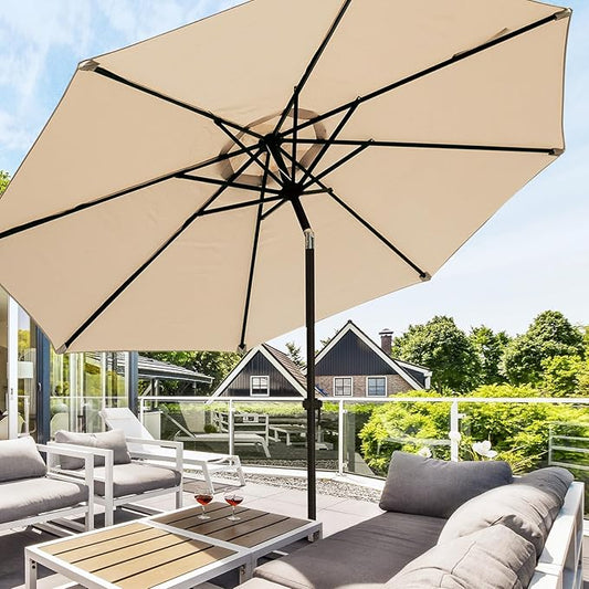wikiwiki 10 FT Patio Umbrellas Outdoor Table Market Umbrella with Push Button Tilt/Crank, 8 Sturdy Ribs, Fade Resistant Waterproof POLYESTER DTY Canopy for Garden, Lawn, Deck, Backyard & Pool, Beige