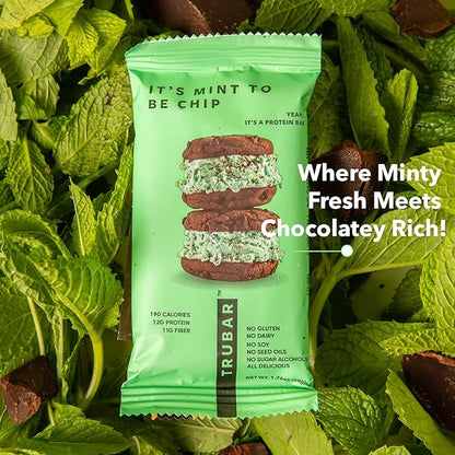 TRUBAR Vegan Protein Bar, It’s Mint to Be Chip, Gluten Free, Plant Based High Fiber, Dairy Free, Low Fat, No Sugar Alcohols, 12G Lean Protein, 13G Fiber, Healthy Snack Bars, 12 CT