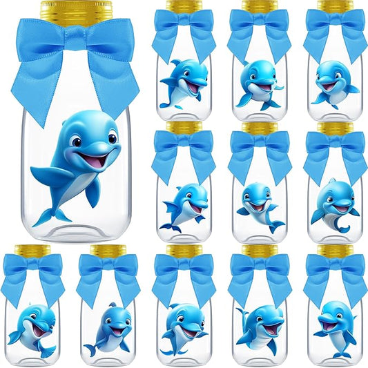 Small 12 Pack Dolphin Party Favors - DIY Candy Jars with Ribbons and Stickers - Party Decoration Bottles for Birthday, School Classroom, and Baby Shower - Dolphin Table Centerpiece for Kids
