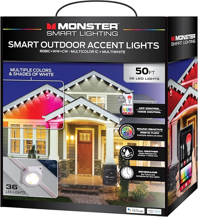 Monster Smart Permanent Outdoor Lights, 50ft, 36 LED Eaves Lights, RGB+IC+WW, Weather & Water Resistant, App & Voice Control, Compatible with Alexa and Google, for Halloween, Christmas & Year-Round