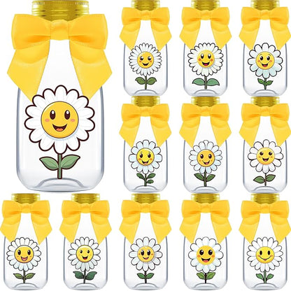 Small 12 Pack Daisy Party Favors - DIY Candy Jars with Ribbons and Stickers - Party Decoration Bottles for Birthday, School Classroom and Baby Shower - Flower Table Centerpiece Gifts for Kids