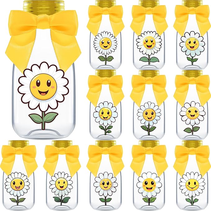Small 12 Pack Daisy Party Favors - DIY Candy Jars with Ribbons and Stickers - Party Decoration Bottles for Birthday, School Classroom and Baby Shower - Flower Table Centerpiece Gifts for Kids