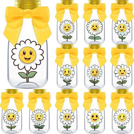 Small 12 Pack Daisy Party Favors - DIY Candy Jars with Ribbons and Stickers - Party Decoration Bottles for Birthday, School Classroom and Baby Shower - Flower Table Centerpiece Gifts for Kids