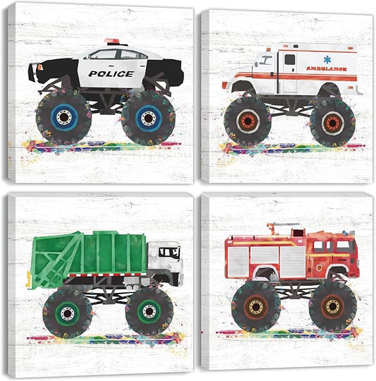 Monster Truck Wall Decor Car Posters for Boys Room Wall Art Cartoon Firetruck Garbage Police Ambulance Vehicle Canvas Pictures Artwork Toddler Room Decor Kids Bedroom Nursery Home Decoration 12×12"