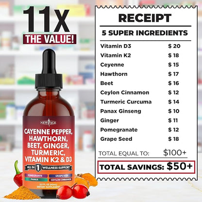 Cayenne Pepper Supplement Liquid Drops + Hawthorn Berry, Vitamin D3 K2 Beet Root Powder, Ceylon Cinnamon, Turmeric Curcumin, Organic Panax Ginseng - 4oz