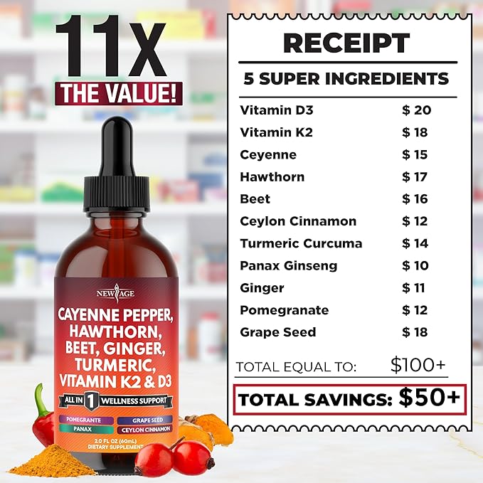 Cayenne Pepper Supplement Liquid Drops + Hawthorn Berry, Vitamin D3 K2 Beet Root Powder, Ceylon Cinnamon, Turmeric Curcumin, Organic Panax Ginseng - 6oz