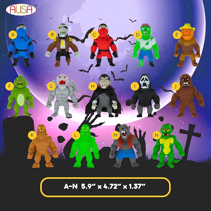 Monster Flex Stretchy Toys - 14 Unique Spooky Stretch Monsters - Kids Birthday Gift Party Favors, Sensory Fidget Stress Toys - Series 3 (Thief)