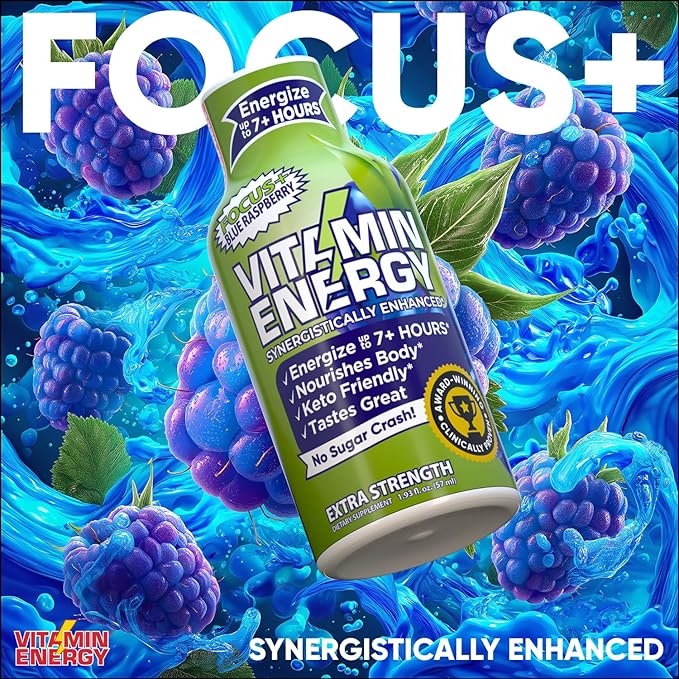 Vitamin Energy Focus+ Extra Strength Daily Energy Shot – Blue Raspberry – 260mg Natural Caffeine, 100% DV B-Vitamins – Focus & Productivity Support – Zero Sugar, Vegan, Kosher – 1.93 fl oz, 24-Pack