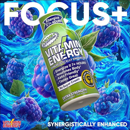 Vitamin Energy Focus+ Extra Strength Daily Energy Shot – Blue Raspberry – 260mg Natural Caffeine, 100% DV B-Vitamins – Focus & Productivity Support – Zero Sugar, Vegan, Kosher – 1.93 fl oz, 12-Pack